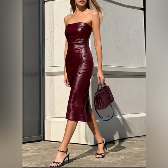 NEW WOMEN’S BURGUNDY FAUX LEATHER STRAPLESS DRESS - Picture 1 of 2